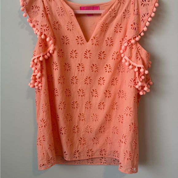 Lilly Pulitzer Coral Eyelet Blouse with Pom-Pom Trim size small - Picture 2 of 7